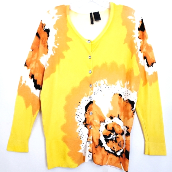 Nue Options Sunshine Yellow/ Autumn Abstract Floral w/Bling Cardigan Sweater - Picture 1 of 12